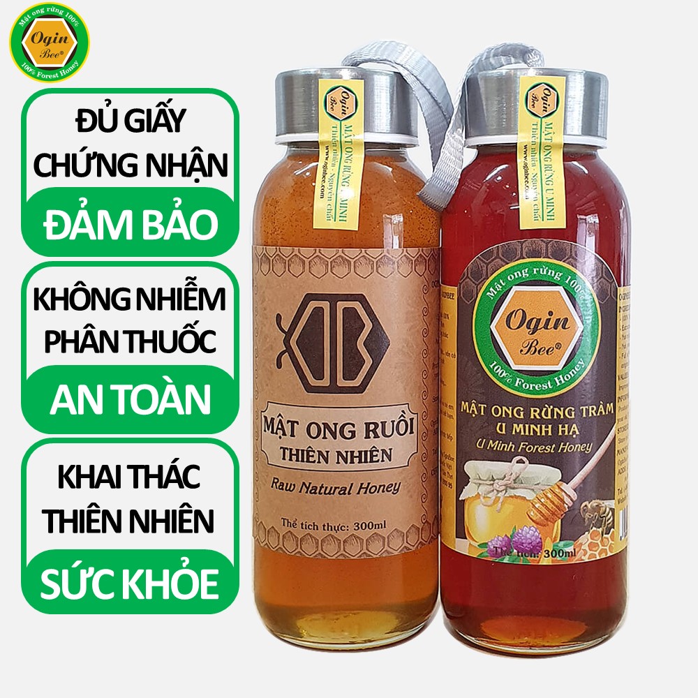 Mật ong ruồi nguyên chất và Mật ong rừng U Minh - Combo 2 Chai 300ml , Mật ong tự nhiên an toàn, OGINBEE