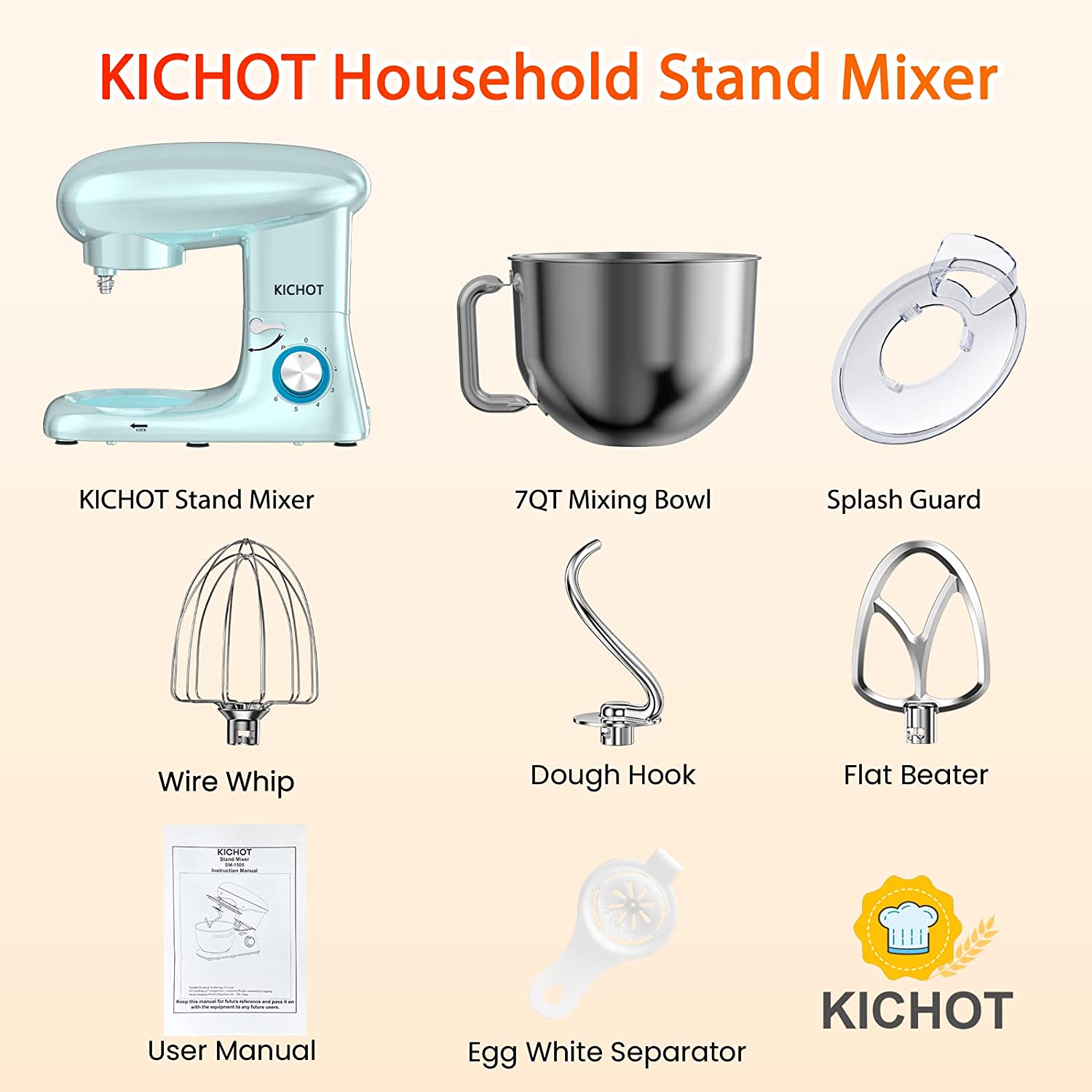 Máy trộn bột KICHOT 6.5L 1500W- trộn bột, đán kem, sốt dầu trứng, làm trân châu cửa hàng- Thương hiệu Đức - Hàng chính hãng