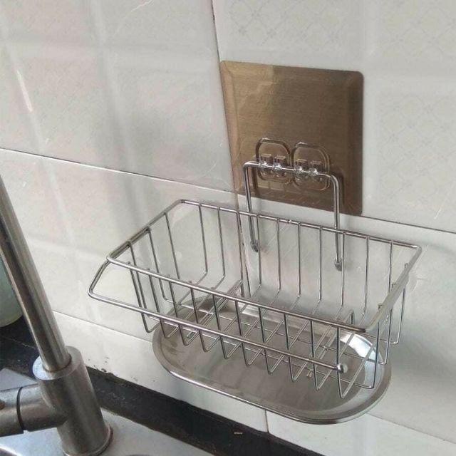 Kệ/giỏ đựng miếng rửa chén bát inox dán tường Siêu Chắc, có khay hứng nước.