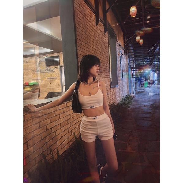 Set bộ thể thao quần đùi cạp cao tập nhảy, gym màu đen trắng ghi