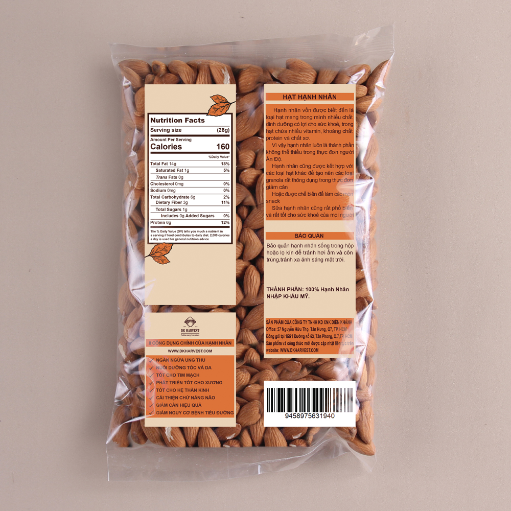 Hạt Hạnh Nhân Sống DK Harvest Nhập Khẩu - Túi 500g, 1000g