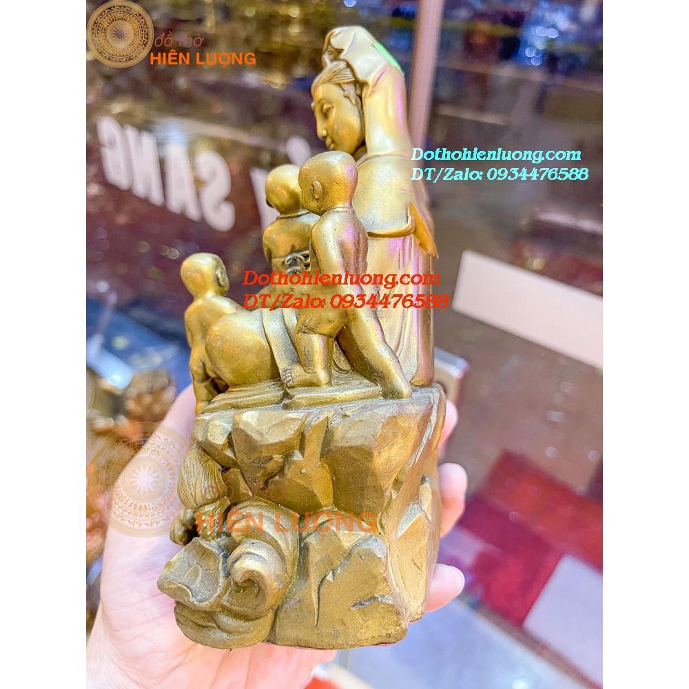 Tượng Phật Bà Quan Âm Cùng 05 Đứa Trẻ Ngũ Phúc Bằng Đồng Vàng Nguyên Chất Cao 18cm, Nặng 1,3kg