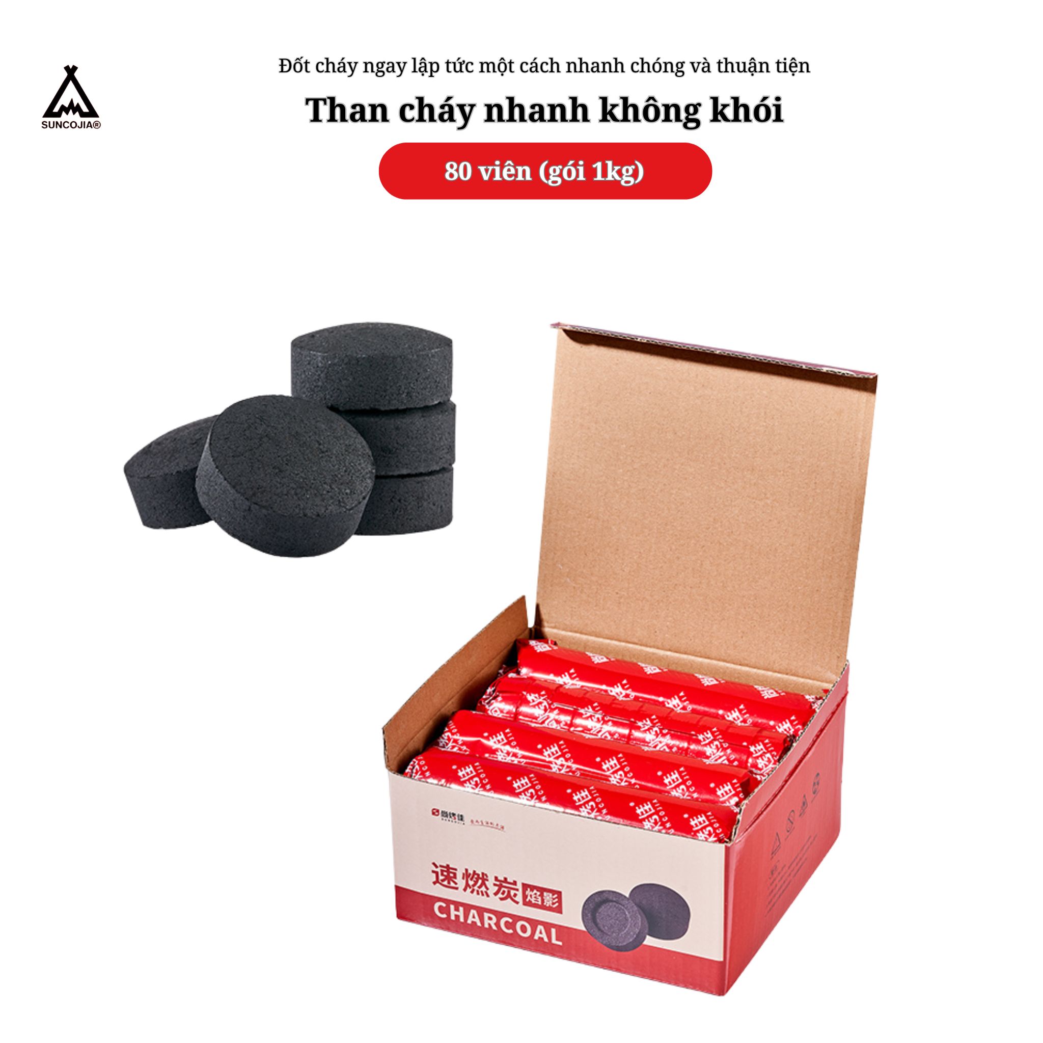 Than cháy nhanh 3s hộp 80 viên to, ít khói, phù hợp để nướng thịt và nấu trà thời gian sử dụng 90p