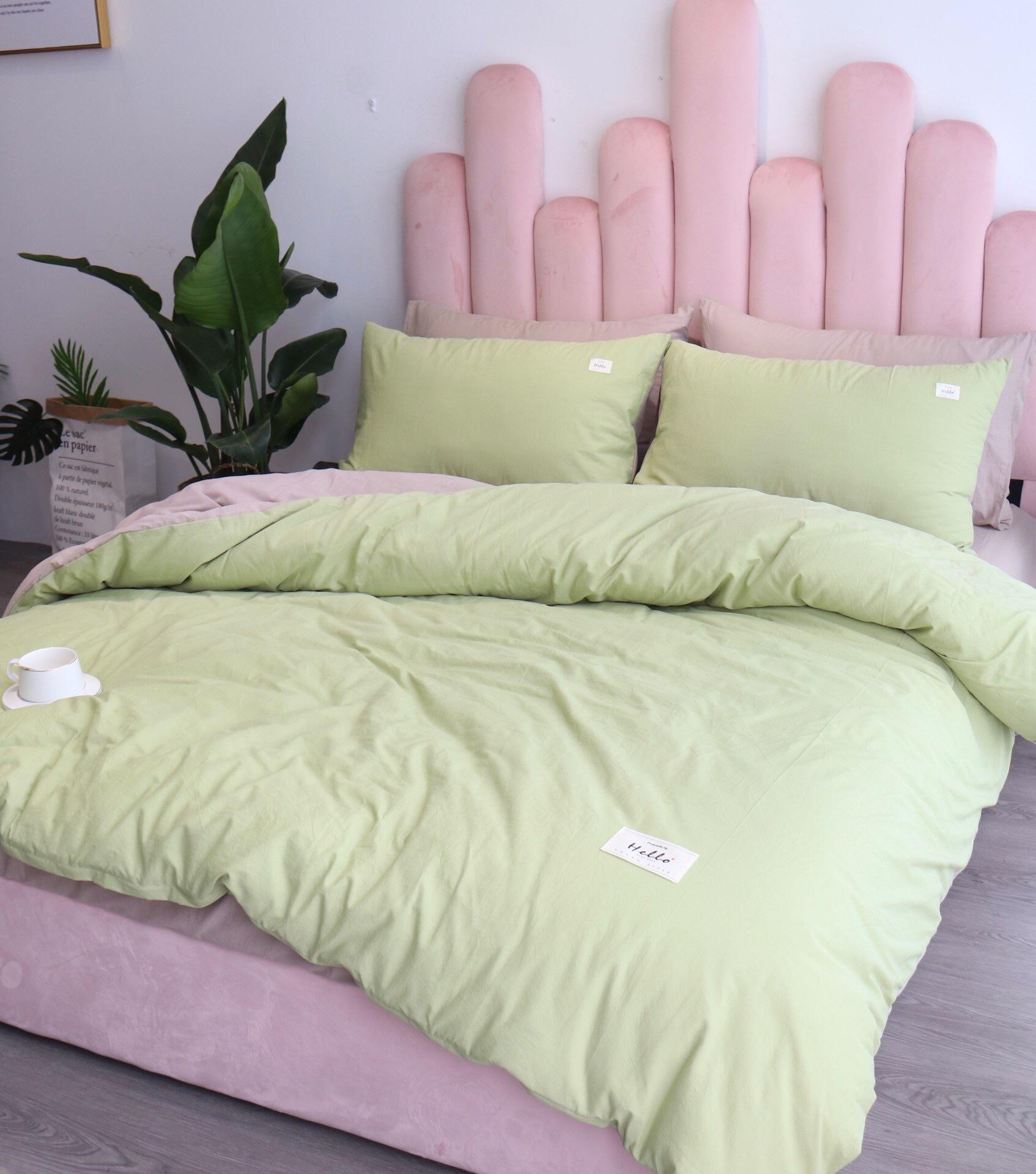 Bộ Chăn Ga Gối Cotton Tici LIDACO - Xanh Lá Ga Hồng - Tặng Vỏ Gối Ôm