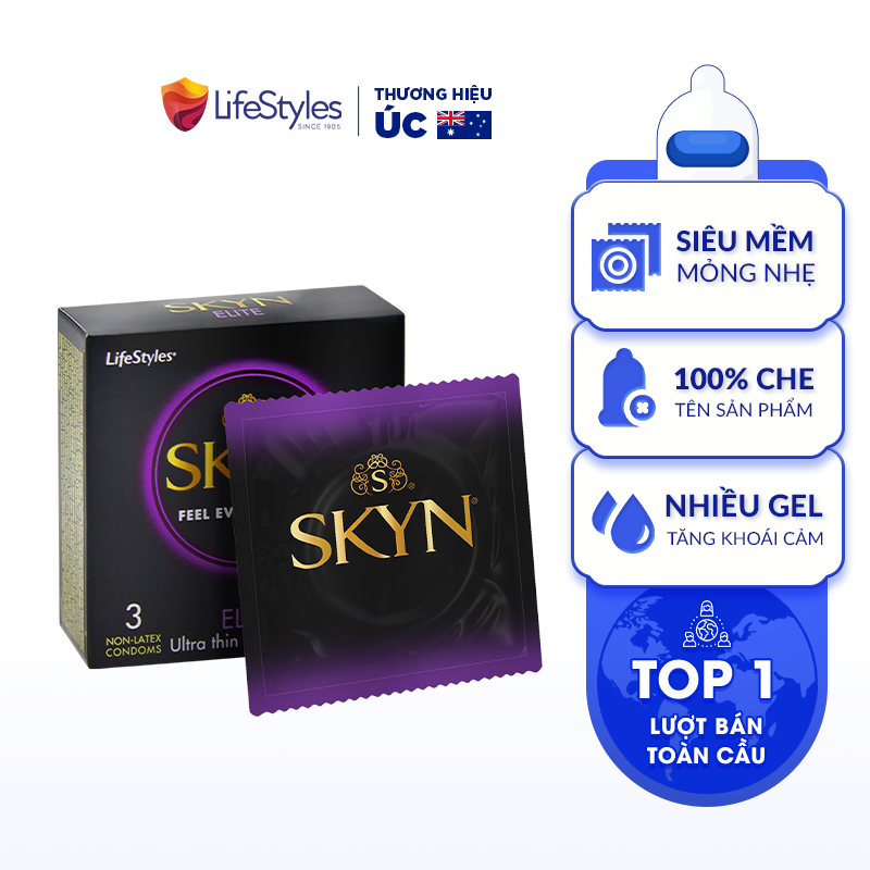 Bao Cao Su LifeStyles SKYN ELITE Non-latex Siêu Mỏng, Siêu Mềm, Nhiều Gel Bôi Trơn, Không Mùi Cao Su - Hộp 3 bao