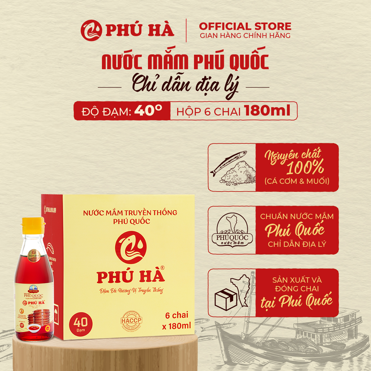 Nước mắm Phú Quốc Chỉ Dẫn Địa Lý Phú Hà 40 độ đạm - Hộp 6 chai 180ml