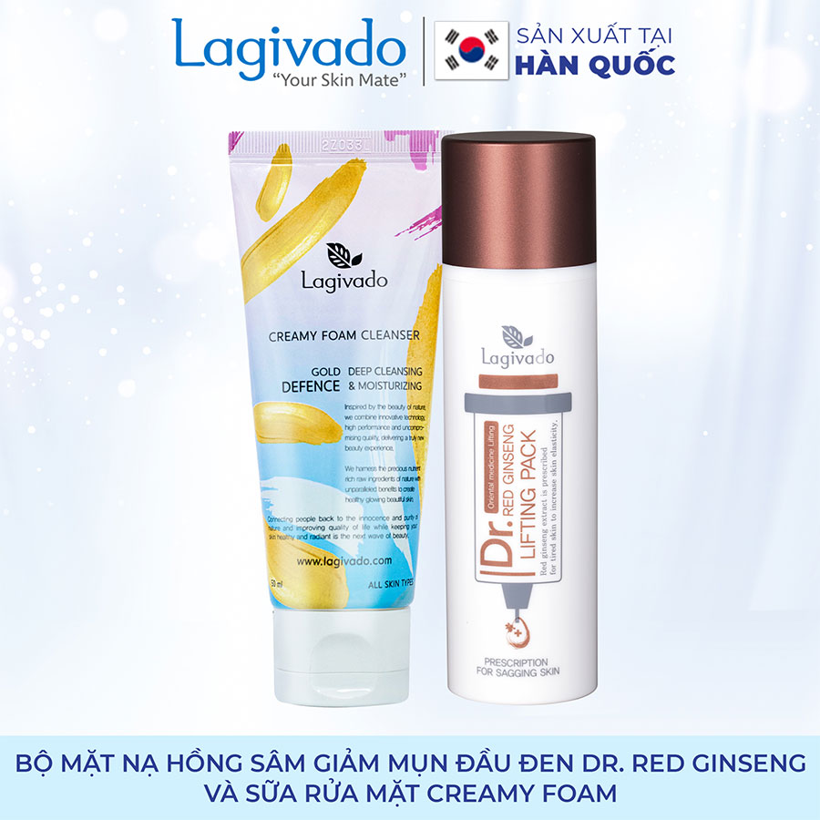 Bộ đôi Gel mặt nạ hồng sâm giảm mụn đầu đen Hàn Quốc Lagivado Dr. Red Ginseng 50 ml và sữa rửa mặt Creamy Foam 50ml