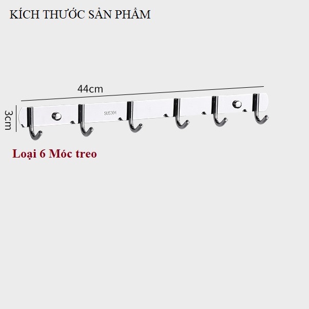 Móc Treo Quần Áo 6 Chấu Inox SUS 304 Sáng Bóng, Bền Đẹp - Có thể khoan hoặc dán tường tiện dụng