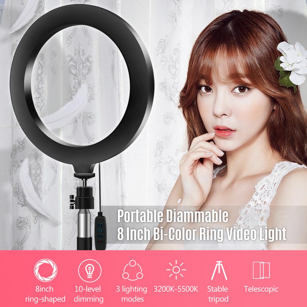 Vòng đèn LED di động 20cm / 8 inch có 3 chế độ chiếu sáng với chân máy để bàn để tự chụp ảnh