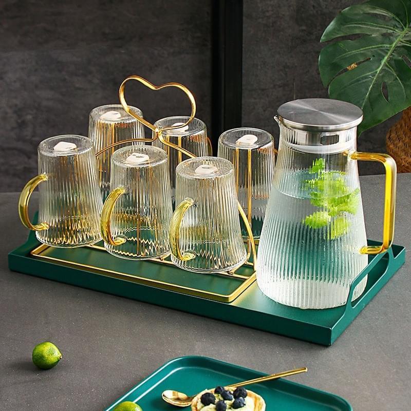 Bộ bình thủy tinh kèm 6 cốc vân tăm chịu nhiệt cao cấp quai vàng