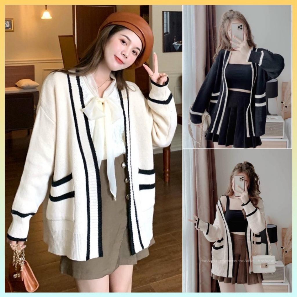 Áo khoác len nữ THU ĐÔNG Cardigan có túi DÁNG DÀI form rộng phối viền 2 MÀU cực xịn xò