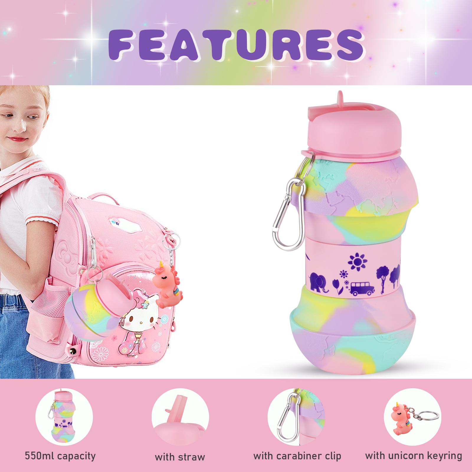 550Ml Sáng Tạo Silicone Bình Nước Cho Trẻ Em Bé Gái Không Chứa BPA Gấp Di Động Bình Nước Với Kỳ Lân Mặt Dây Chuyền Trẻ Em Quà Tặng