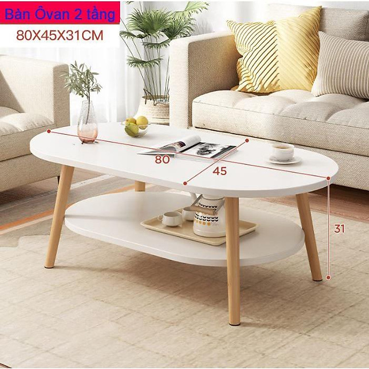 Bàn sofa, bàn trà hình Ovan 2 tầng, chân gỗ tự nhiên cao cấp