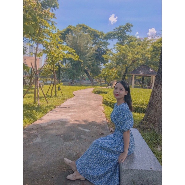 Đầm hoa nhí tay phồng bo eo co dãn