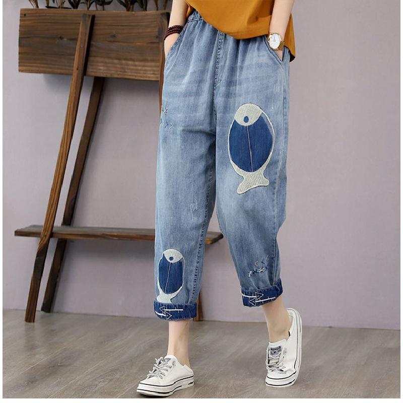 Quần Jeans Lửng Lưng Cao Dáng Rộng Thêu Họa Tiết Phong Cách Retro Cho Nữ
