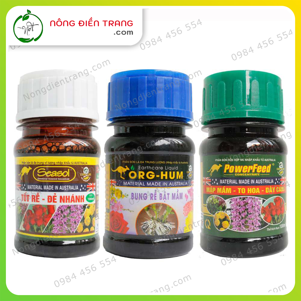 COMBO BỘ 3 KÍCH RỄ SEASOL - KÍCH CHỒI ORG HUM - DƯỠNG HOA POWERFEED NHẬP KHẨU TỪ ÚC - Chai 100ml VTNN Nông Điền Trang