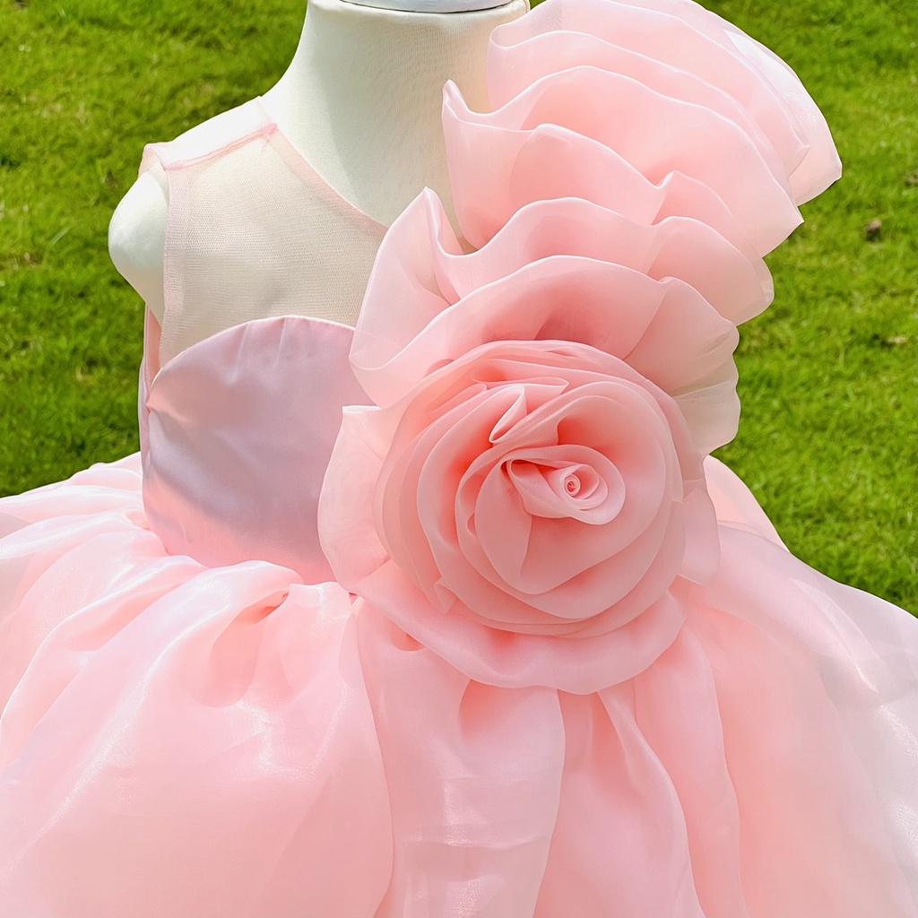 Váy công chúa, đầm công chúa cho bé gái thiết kế hoa hồng màu hồng trên ngực trái cho bé từ 1 đến 10 tuổi 8kg đến 35kg