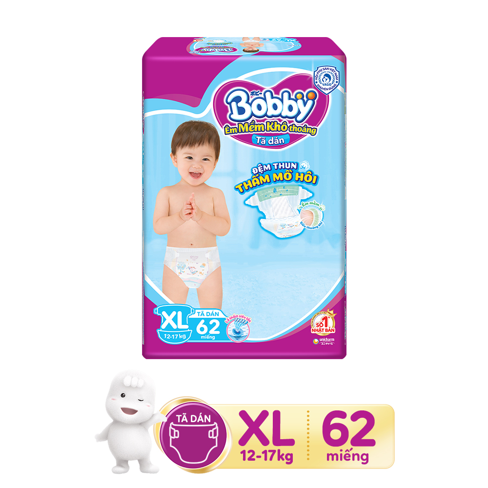 Combo 2 Tã dán Bobby Siêu thấm XL62 dành cho bé 12-17kg