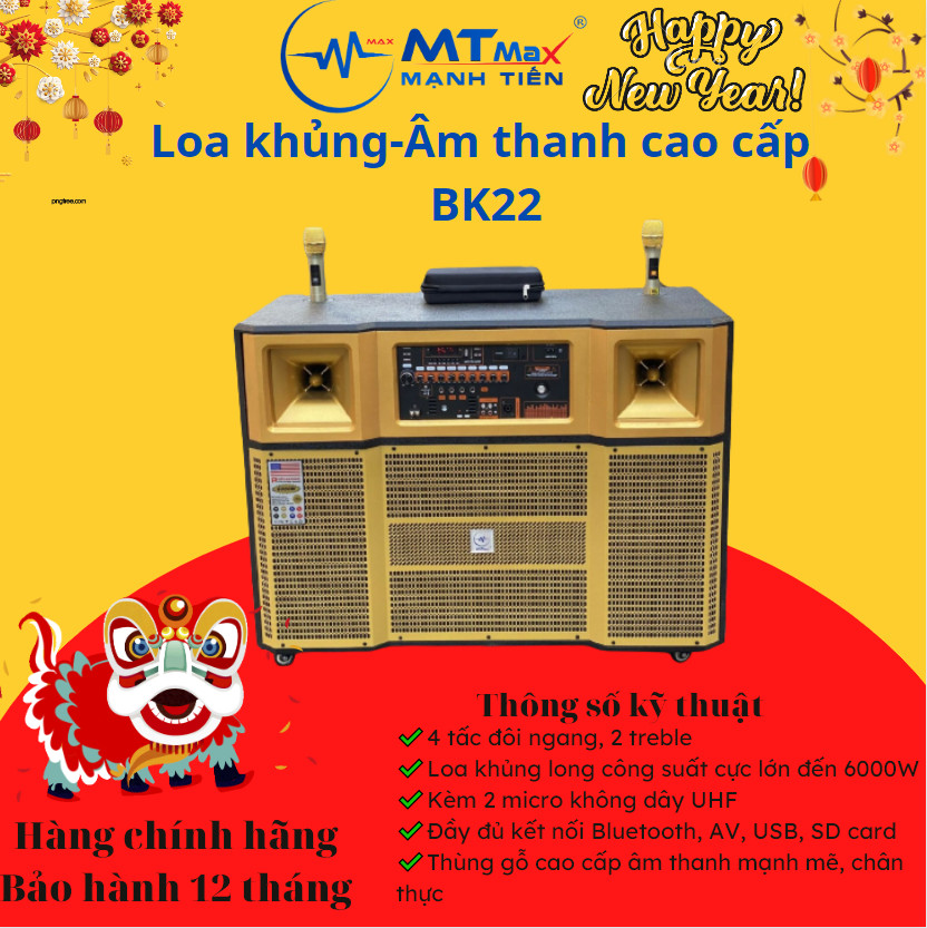 Loa kéo di động MTMax BK22 - Dàn karaoke ngoài trời bass 4 tấc đôi ngang, 2 treble - Loa khủng long công suất cực lớn đến 6000W - Kèm 2 micro không dây UHF -Đầy đủ kết nối Bluetooth, AV, USB, SD card, TWS