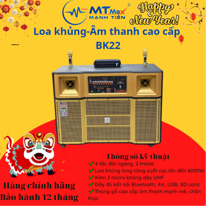 Loa kéo di động MTMax BK22 - Dàn karaoke ngoài trời bass 4 tấc đôi ngang, 2 treble - Loa khủng long công suất đến 6000W - Kèm 2 micro UHF - Đầy đủ kết nối Bluetooth, AV, USB, SD card, TWS - Thùng gỗ cao cấp cho âm thanh mạnh mẽ, chân thực - Hàng nhập khẩu