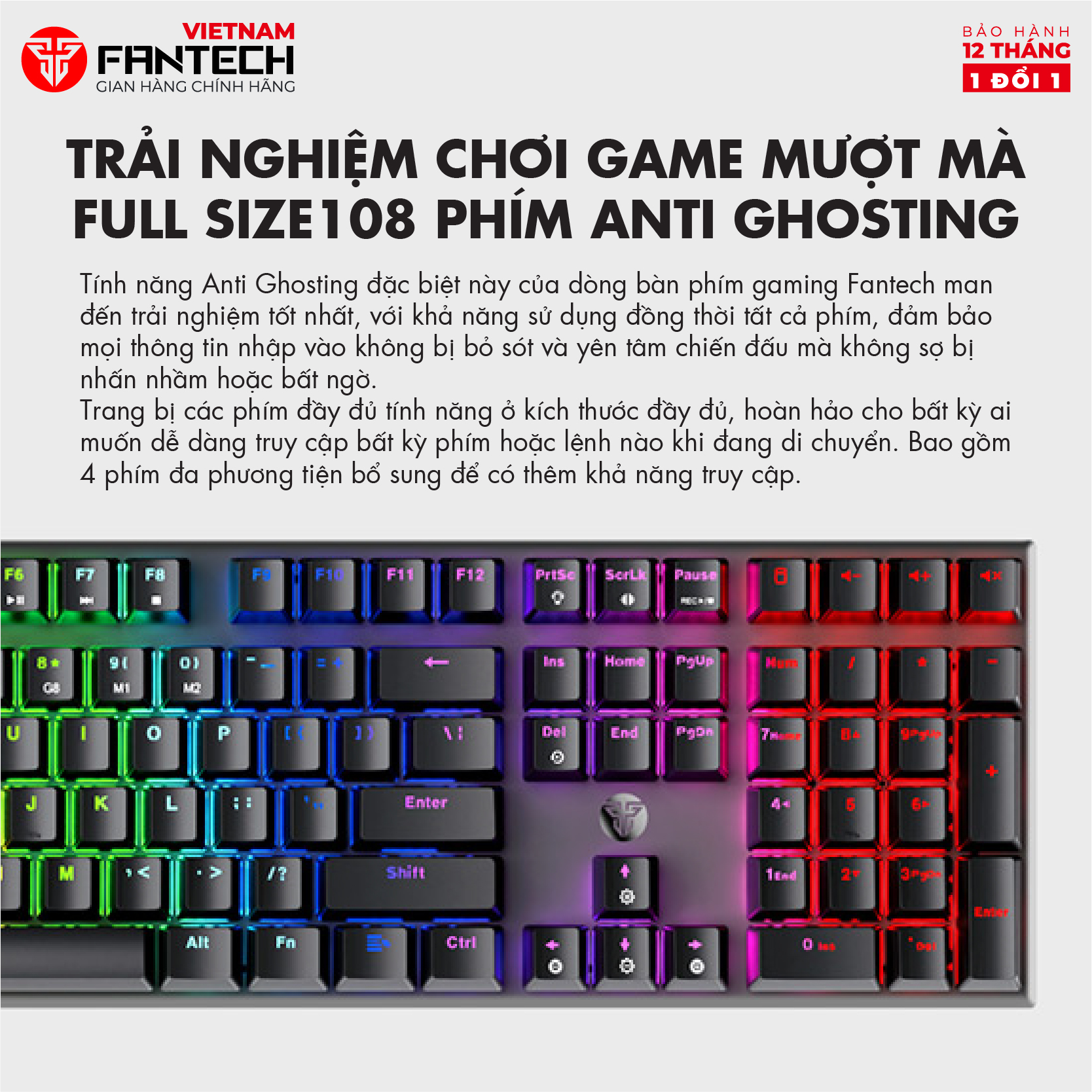 Bàn phím cơ Gaming MK855 MAXFIT108 Blue/ Red Switch - Đèn led RGB 108 phím 4 phím Media - Hàng phân phối chính hãng