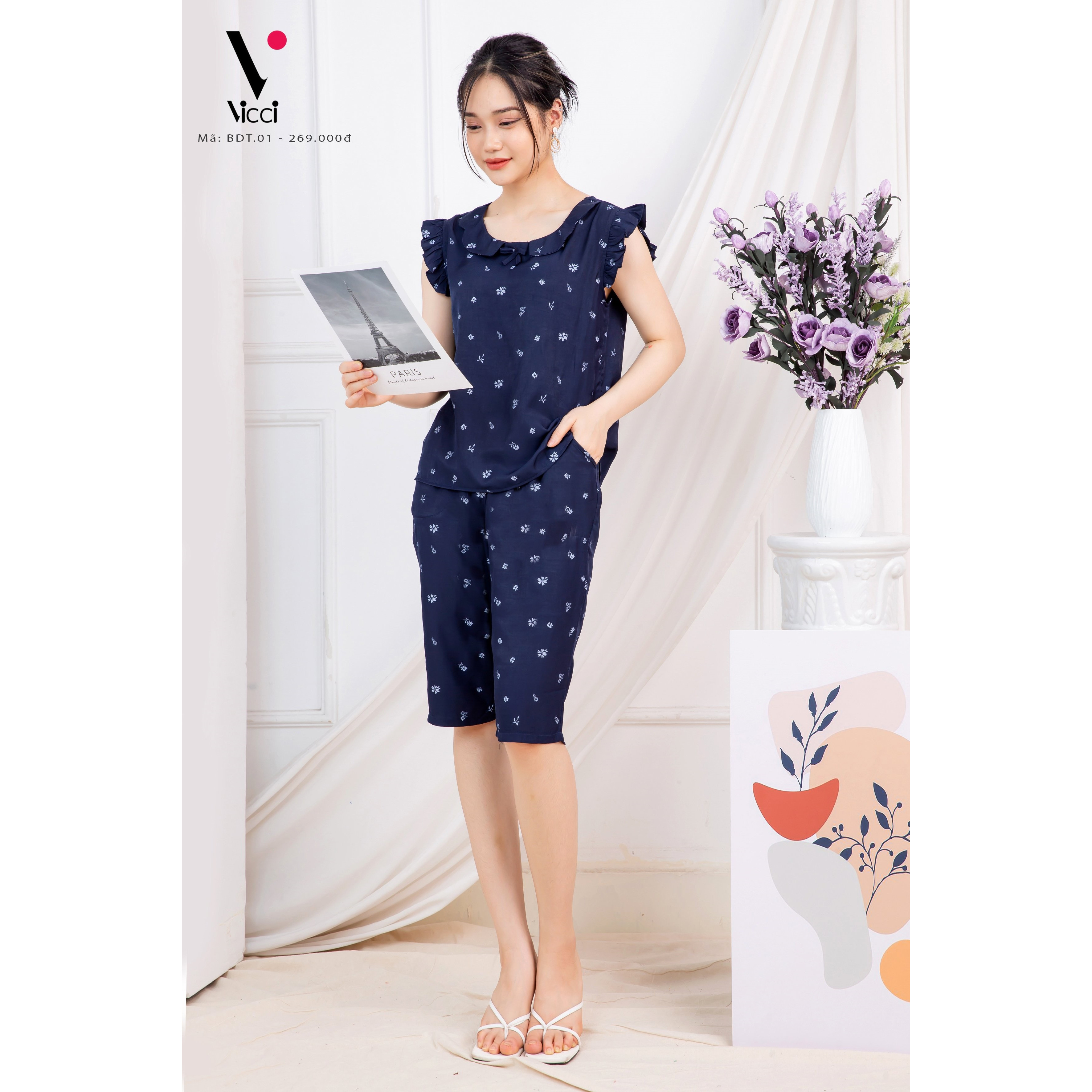 Đồ bộ nữ cộc tay - Đồ bộ mặc nhà - Đồ ngủ mặc nhà nữ - Đồ bộ nữ lửng - Set bộ đũi mặc nhà nữ Vicci BDT.01 hoạ tiết hoa nhí