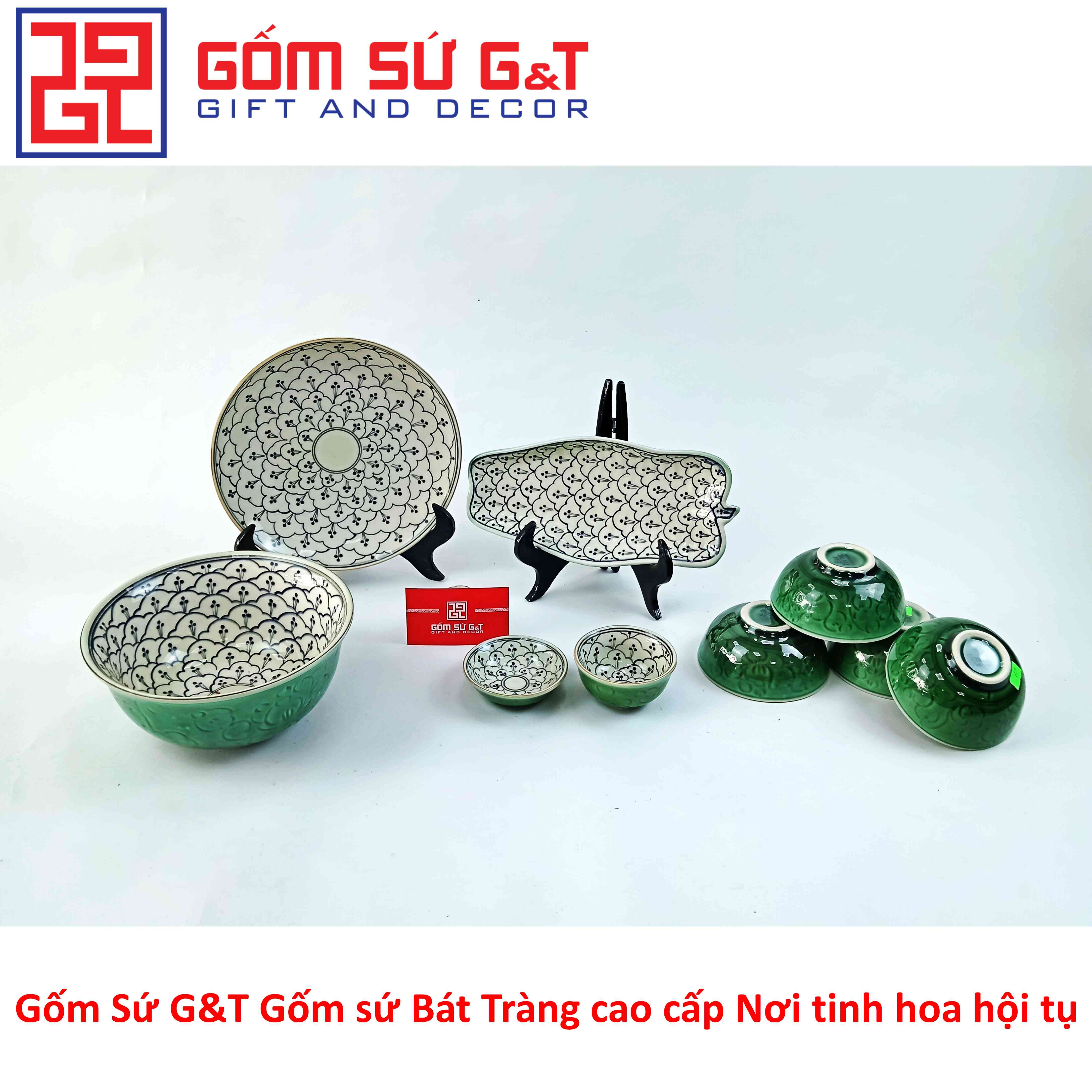 Bộ đồ ăn 4 người men xanh đồng vẽ hoa bèo Gốm Sứ G&amp;T