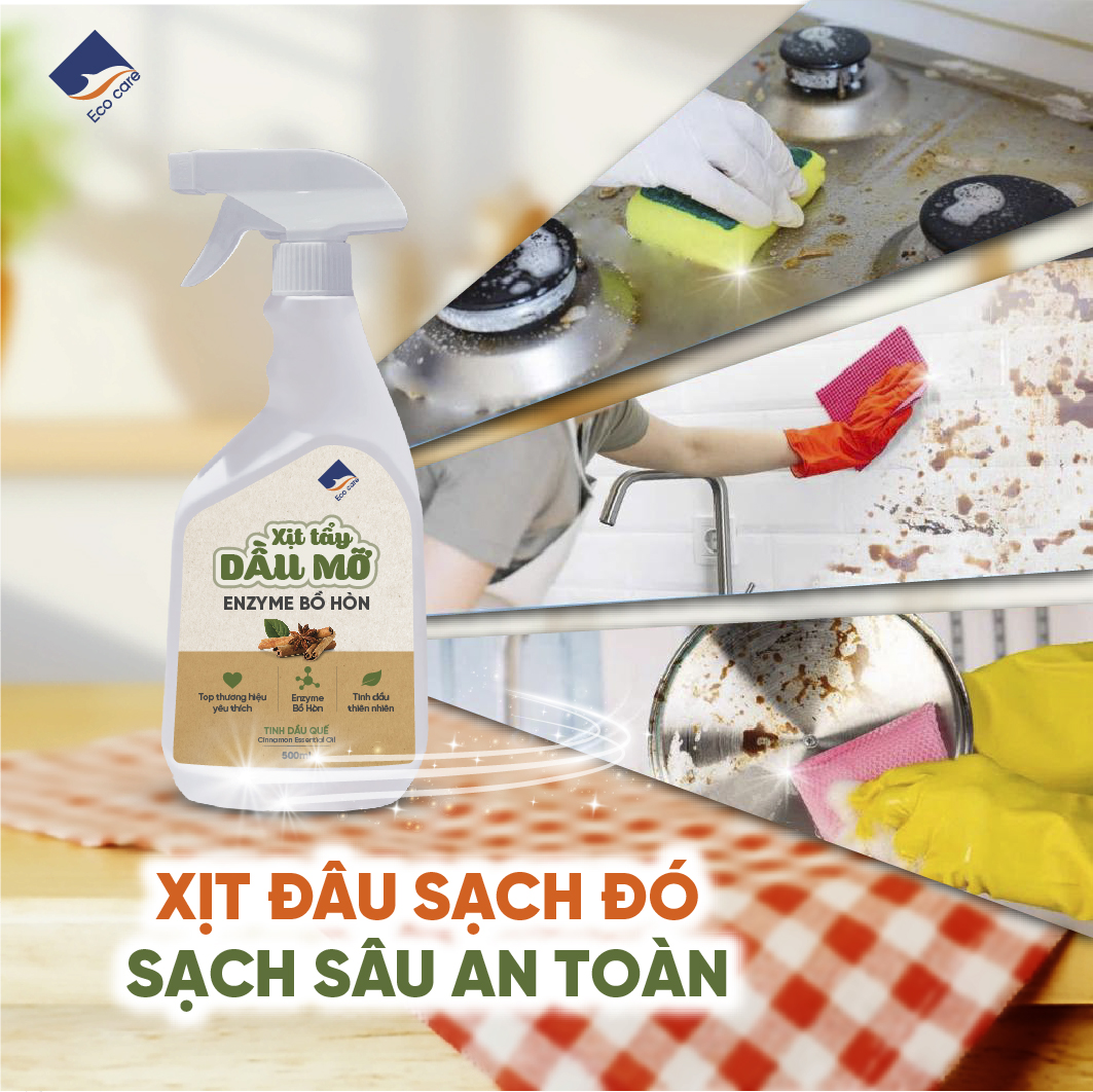 Xịt tẩy dầu mỡ Enzyme bồ hòn ECOCARE 500ml tinh dầu Quế/Cam Sả kháng khuẩn, làm sạch thiết bị nhà bếp