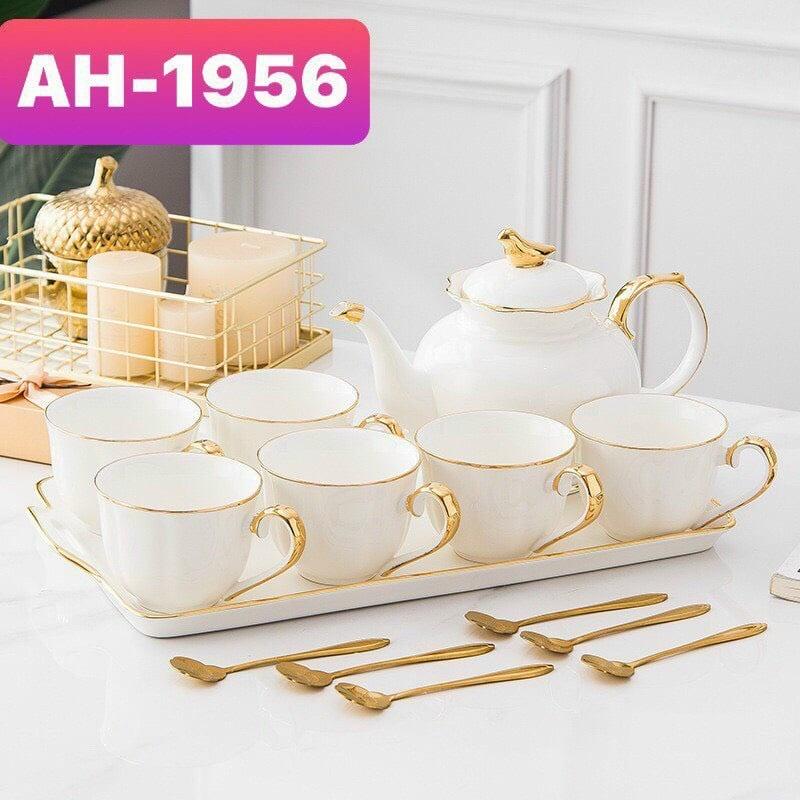 BỘ ẤM CHÉN KÈM KHAY SỨ XƯƠNG CAO CẤP TRĂNG VIỀN VÀNG NÚM ẤM HÌNH CHIM