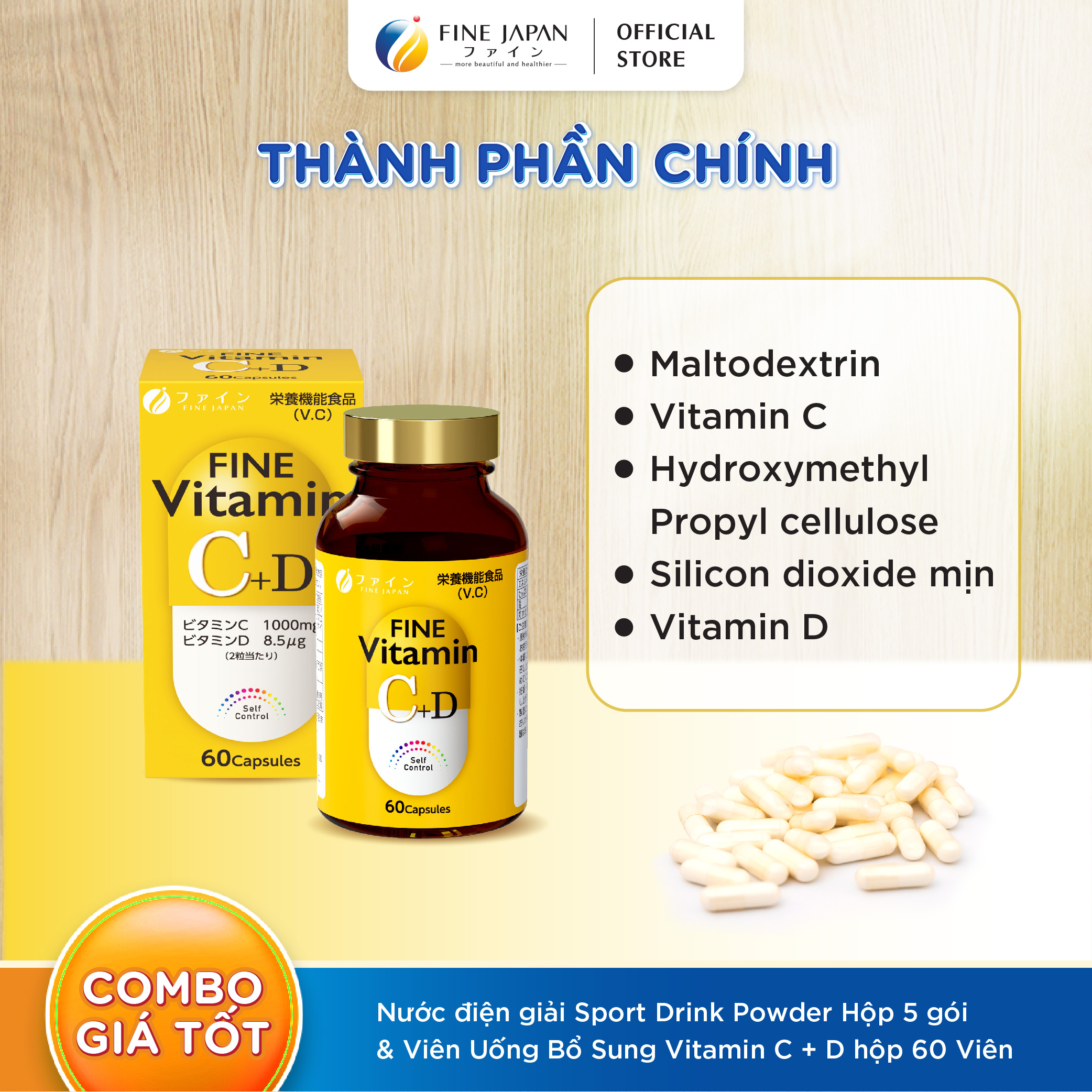 Combo Gấp đôi năng lượng cho ngày bận rộn FINE JAPAN - Nước điện giải Sport Drink Powder & Viên uống Vitamin C + D