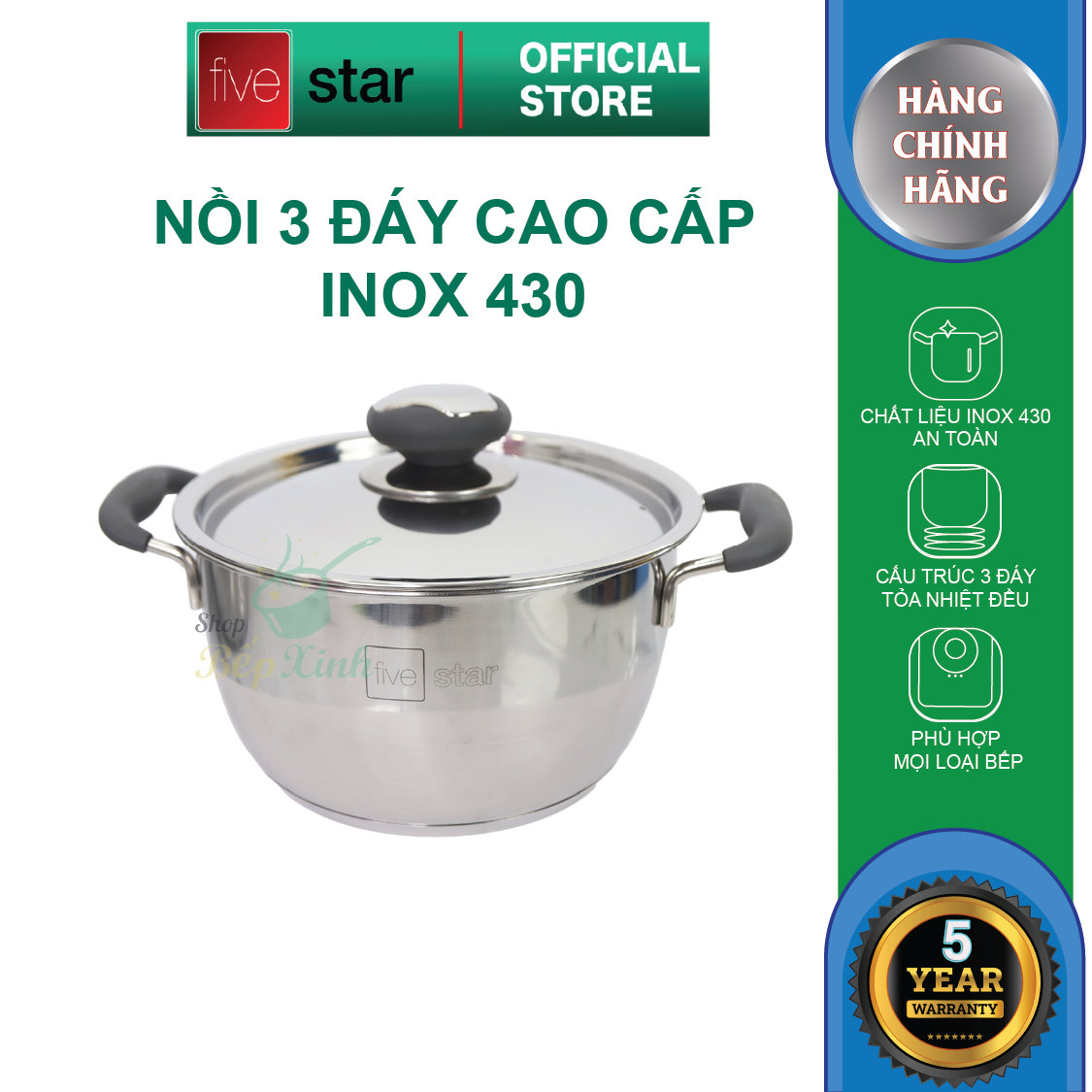 Nồi 3 đáy inox 430 Fivestar Standard quai silicon chống nóng nắp inox-sử dụng bếp từ-tặng 2 vá canh 24cm