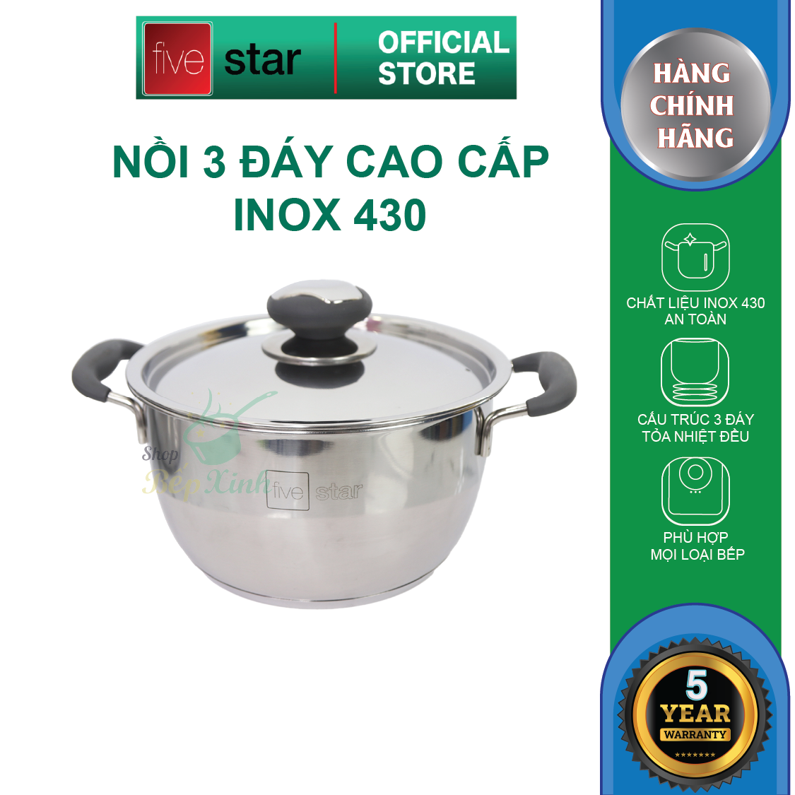 Nồi Inox đáy từ Fivestar Quai Silicon - Tặng 5 muỗng inox