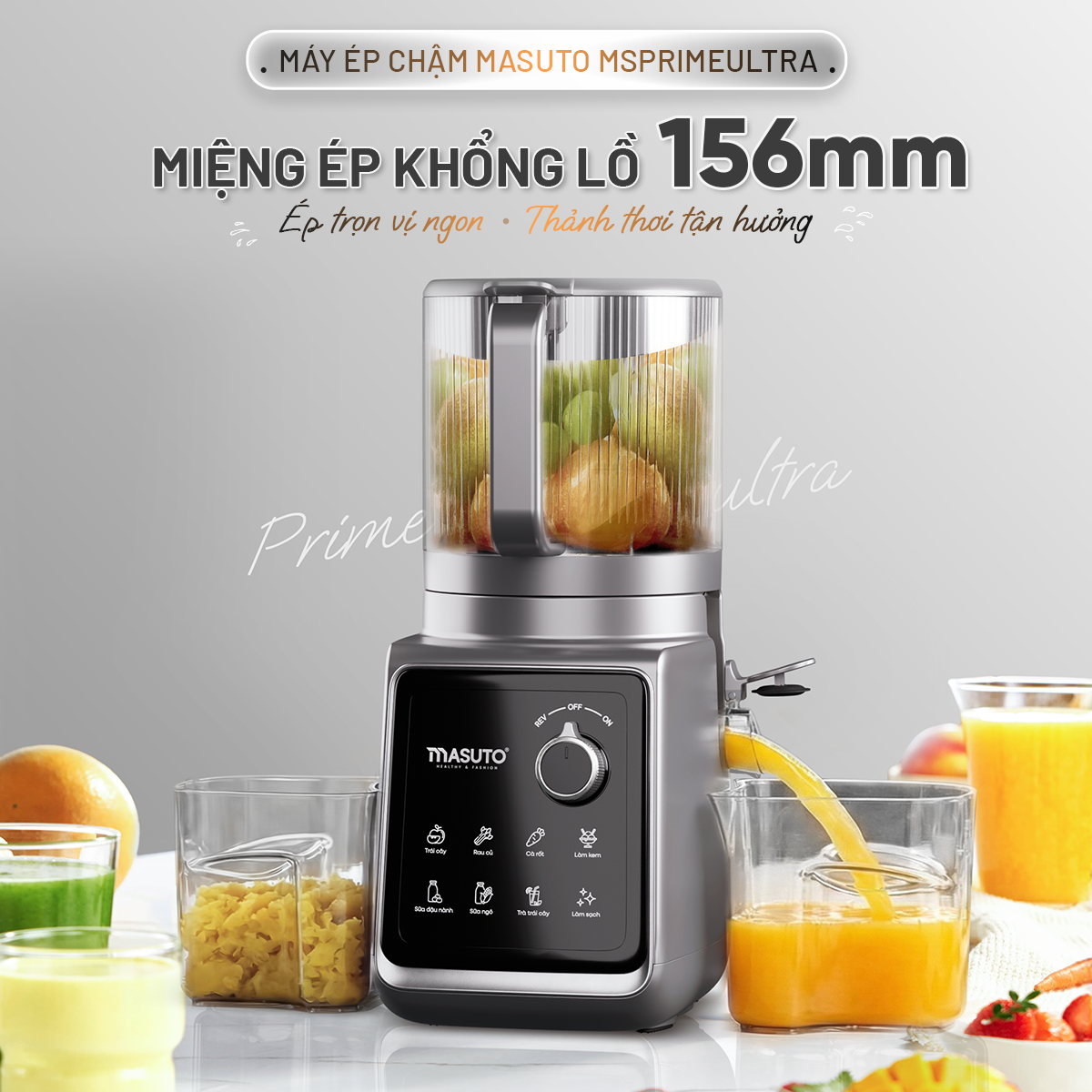 Máy Ép Chậm Trái Cây Làm Kem Toàn Năng 8in1 Masuto MSPrimeUltra, Công Suất 150W, Ống Tiếp Cực Đại 156mm, Ép Kiệt 99%, 8 Chế Độ Nấu - Hàng chính hãng