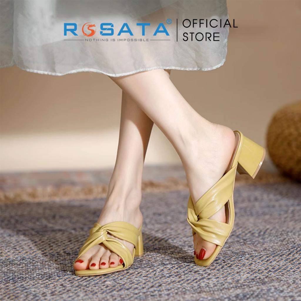 Giày sandal cao gót nữ ROSATA RO337 xỏ chân mũi tròn phối dây gót vuông cao 5cm xuất xứ Việt Nam - Kem