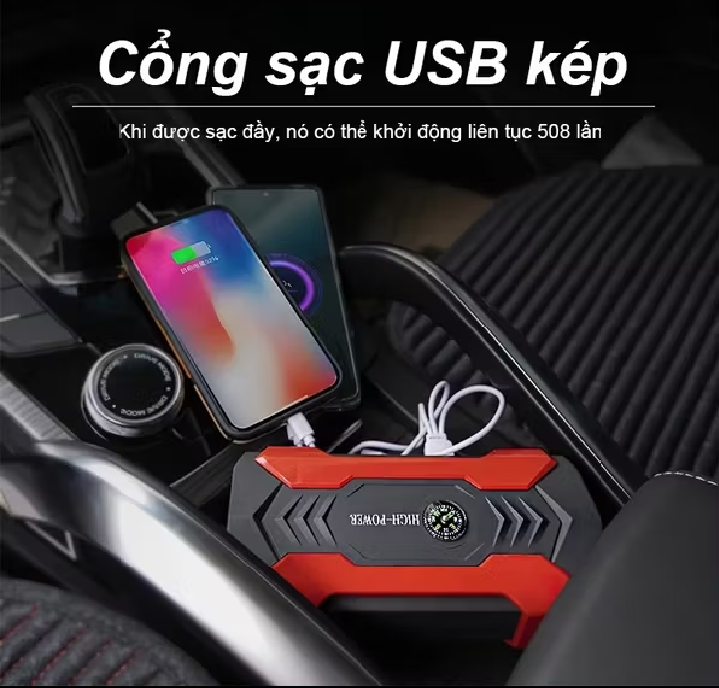 bộ kích bình ắc quy xe máy ôtô 4 cổng USB kiêm đèn pin sạc dự phòng đa năng