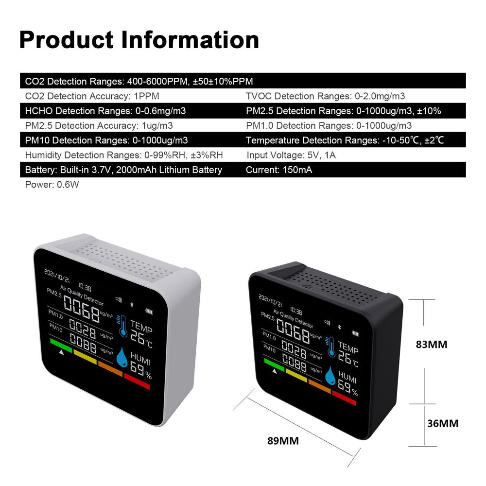 9 in 1 BT Air Quality Monitor CO2 Meter Carbon Dioxide Detector Time/Date CO2 TVOC HCHO PM2.5 PM1.0 PM10 Temperature Humidity Detection Support APP Control with Alarm Function for Home Office Car