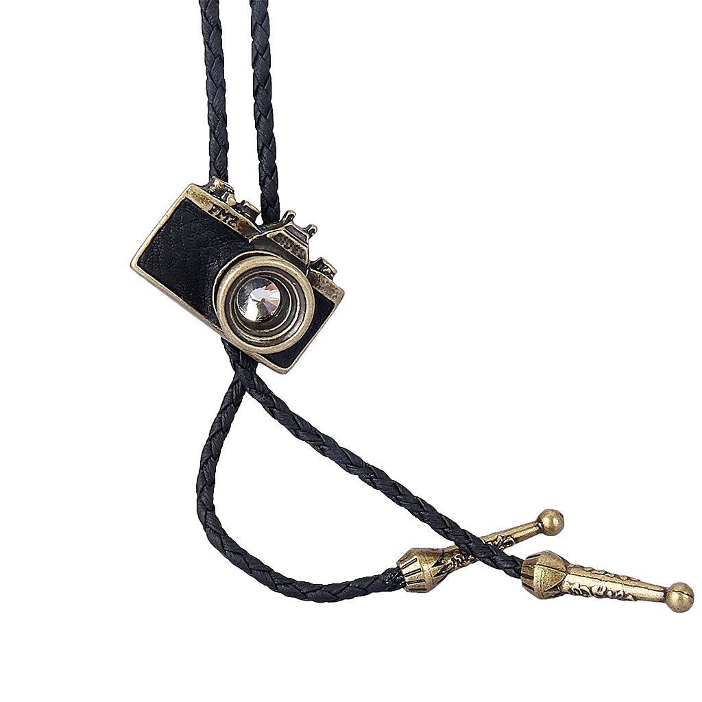 Leather Necktie with Camera Pendant Cord Bolo Tie Rope Necklace for Women and Men