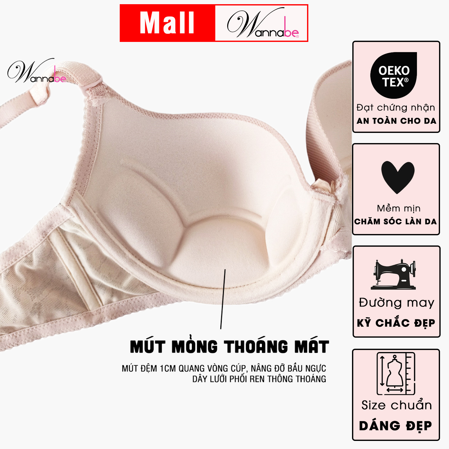 Áo ngực mút mỏng WANNABE ANR05 áo chíp cúp ngực đệm mỏng form to phối ren, có gọng giúp nâng đỡ gôm gọn vòng 1