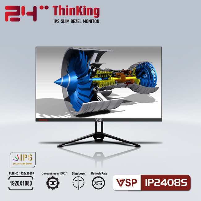 Màn hình Tràn viền Gaming 24inch VSP IP2408S (23.8&quot; IPS FHD 75Hz, HDMI+VGA+Audio 3.5) - Hàng chính hãng TECH VISION phân phối