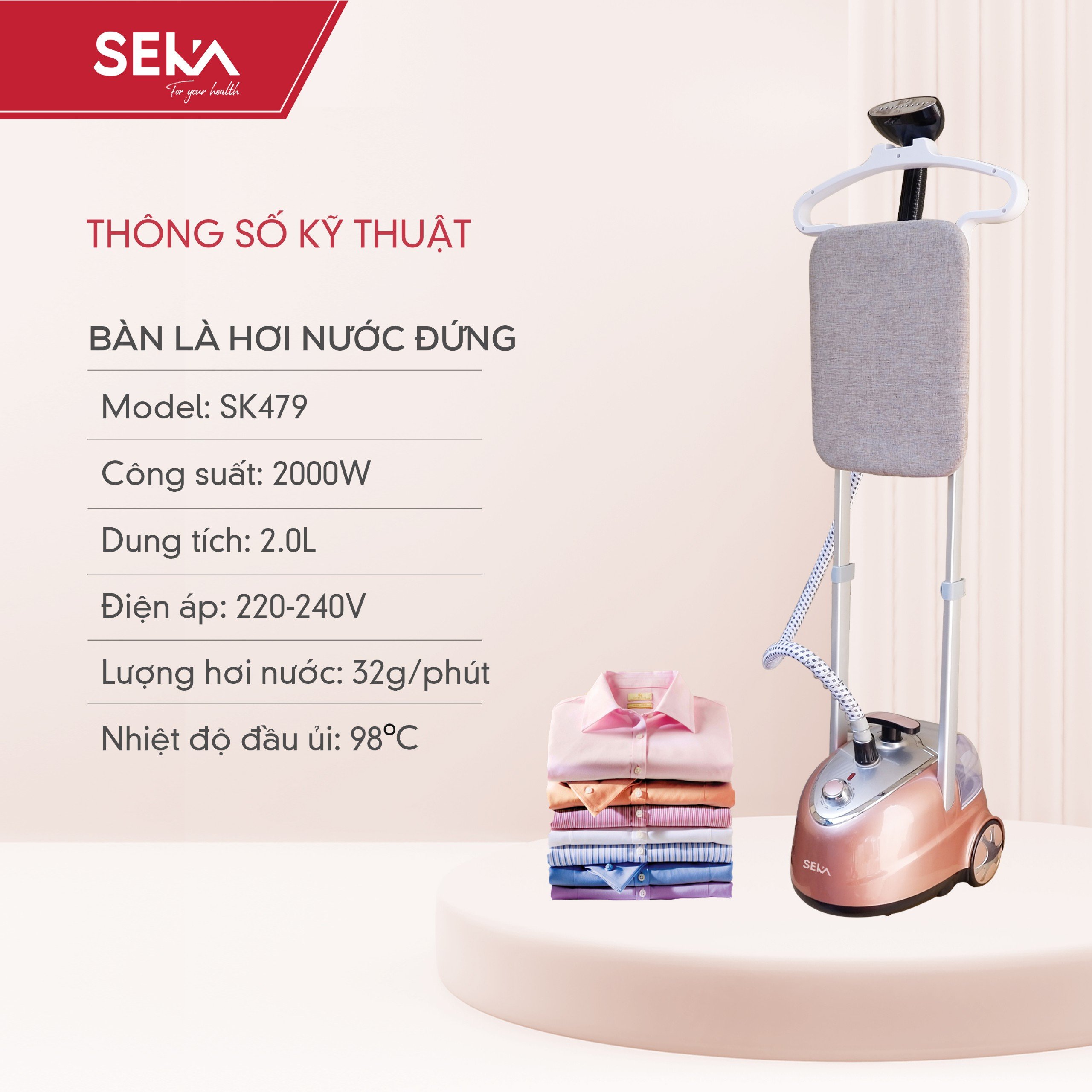 Bàn Là Cây Hơi Nước SEKA SK479 Kèm Bàn Ủi Công Suất 2000W Dễ Dàng Sử Dụng, Phù Hợp Nhiều Loại Vải hàng nhập khẩu