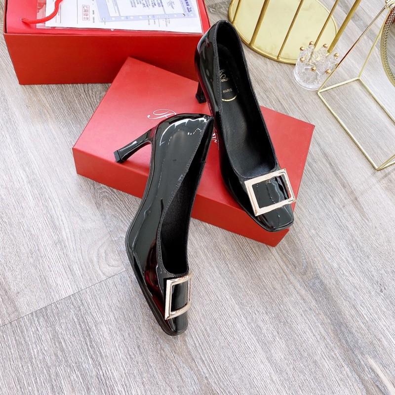 giày cao gót da bóng khoá vuông gót cách điệu thời trang sang trọng fullbox hàng qc 3105