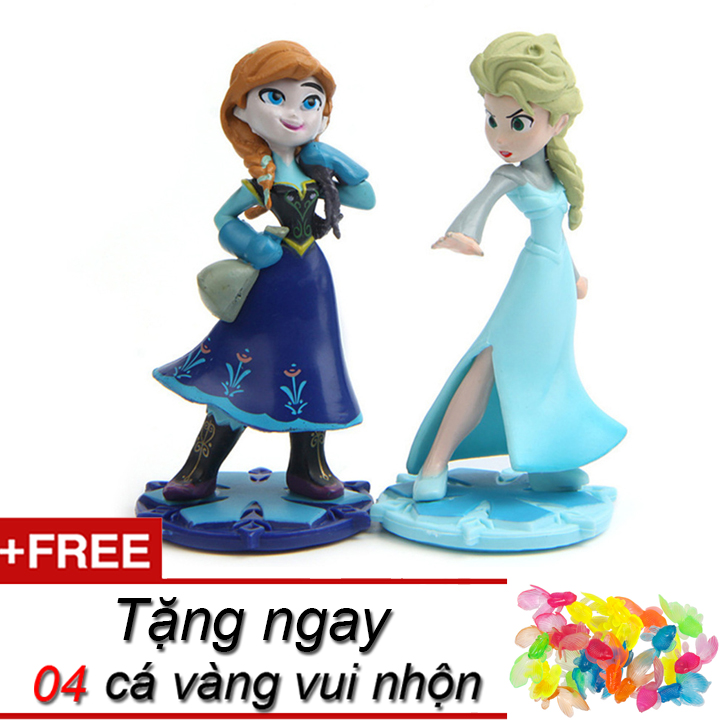 Bộ 02 mô hình trang trí công chúa Elsa và Anna trang trí bánh kem tặng kèm 04 cá cảnh nhiều màu bằng nhựa xinh xắn