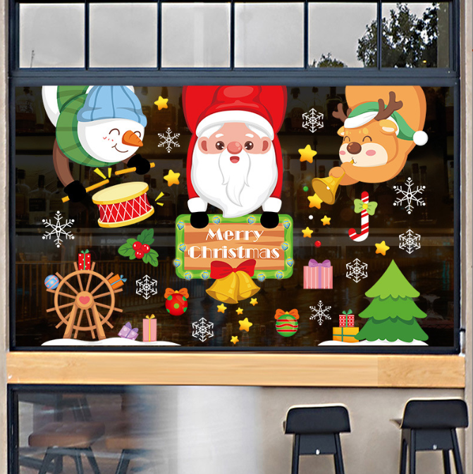 Decal trang trí dán tường - Ông giá noel cầm bảng Merry Christmas đón giáng sinh cùng các bạn