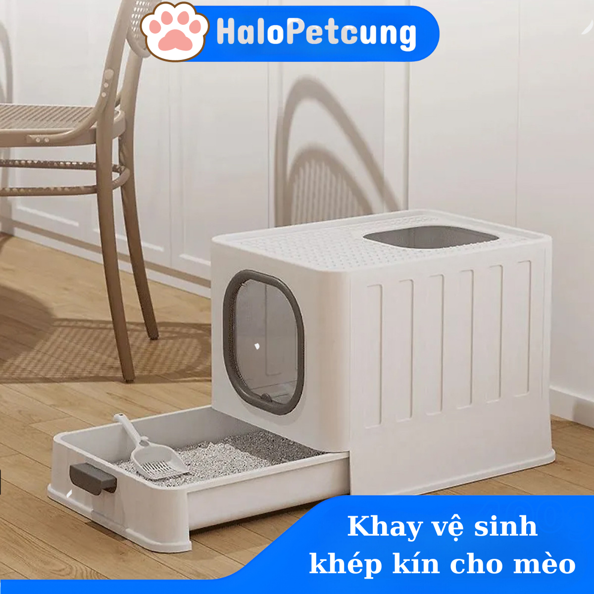 Nhà Vệ Sinh Vuông Cao Cấp Cho Mèo Có Ngăn Kéo Khép Kín Chống Văng Cát Kèm Xẻng