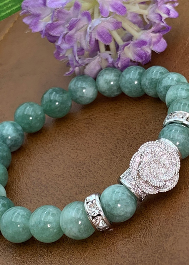 Vòng Đá Thạch Anh Xanh Ngọc 8 Ly Charm Hoa Đá Bạc