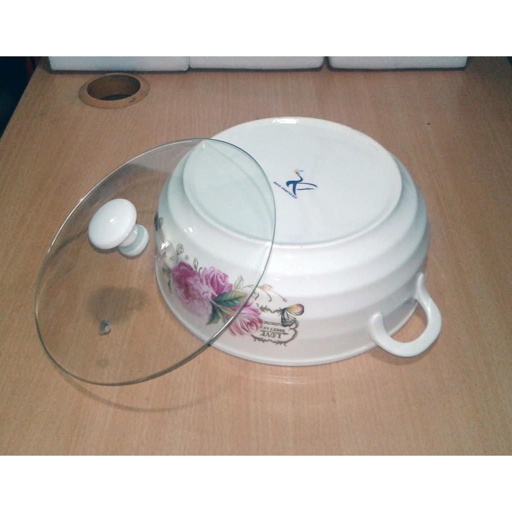 Thố bằng sứ có nắp đậy bằng kính tráng men dùng được trong lò vi sóng tay cầm cách nhiệt cao cấp