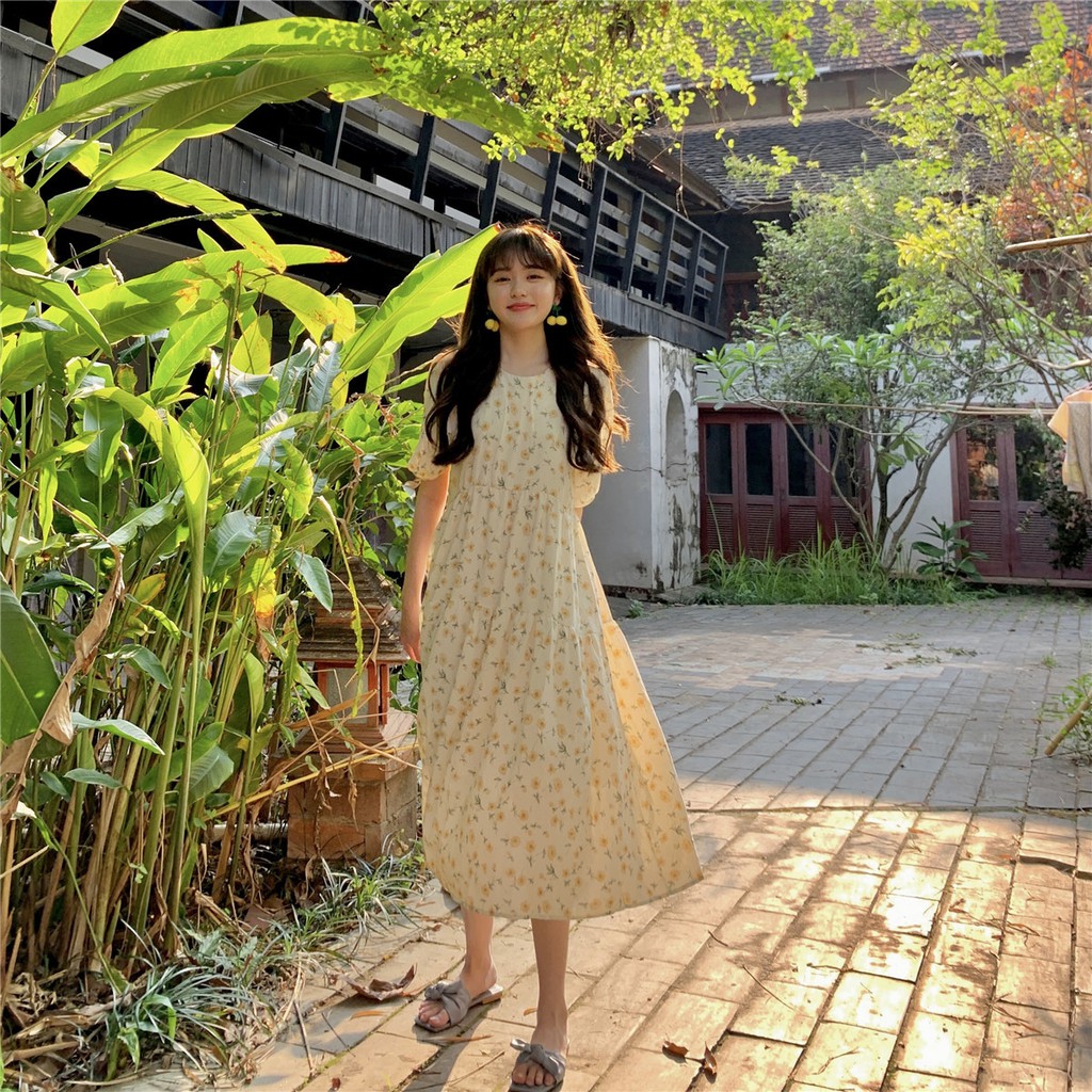 Váy babydoll hoa nhí cột nơ tay phồng tiểu thư