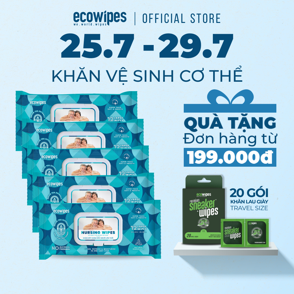 Combo 05 gói khăn giấy ướt vệ sinh NursingWipes gói 12 khăn size lớn 30x20cm lau người lớn tuổi, người bệnh dùng 1 lần