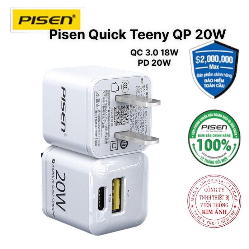 Cóc sạc nhanh 2 cổng Pisen Quick Teeny QP 20W, SK-PD20-02D hỗ trợ USB QC 3.0 18W &amp; TypeC PD 20W, Hàng chính hãng