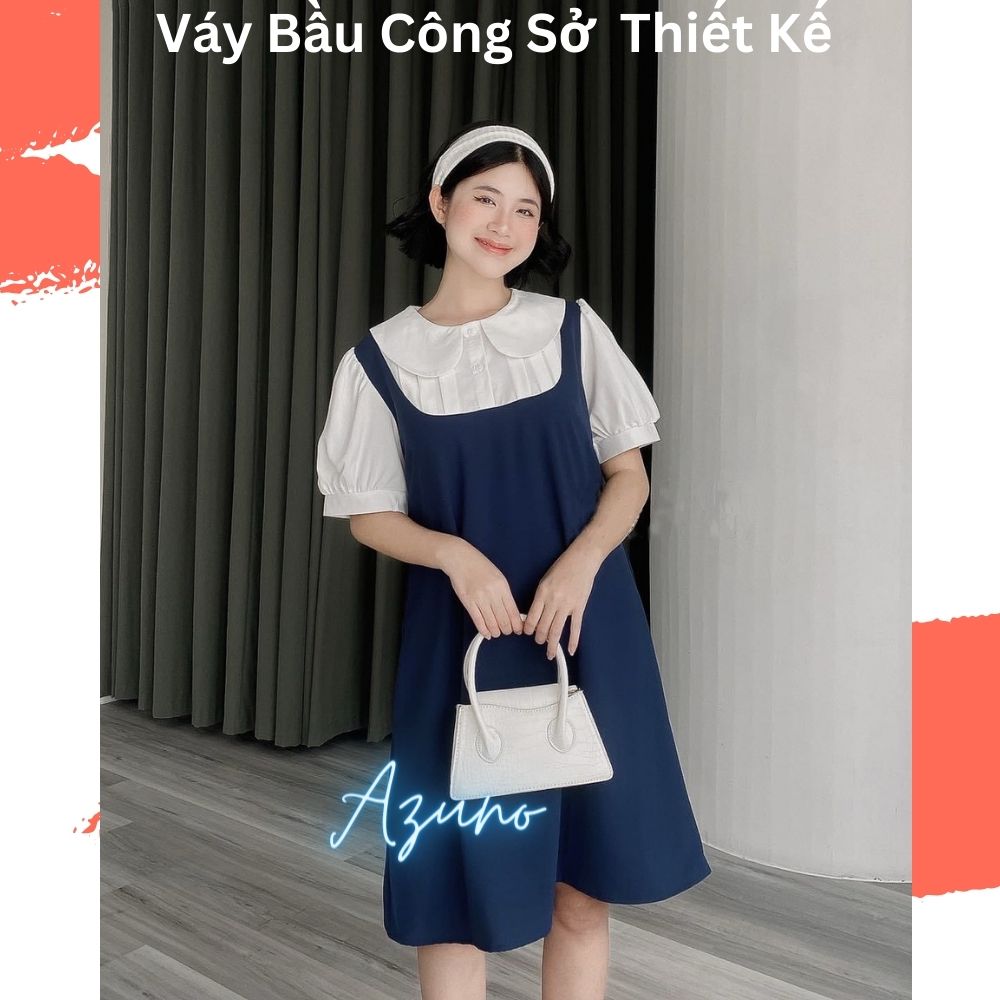 Váy Bầu Công Sở Thiết Kế Cổ Sen - Đầm Bầu Phối Yếm Mùa Hè